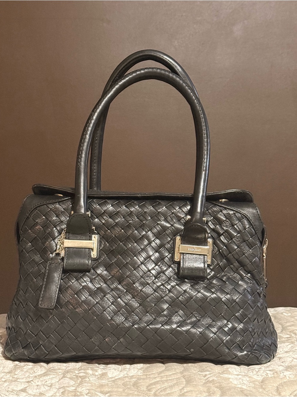 Cole Haan Woven Black Leather Tassel Satchel Hobo